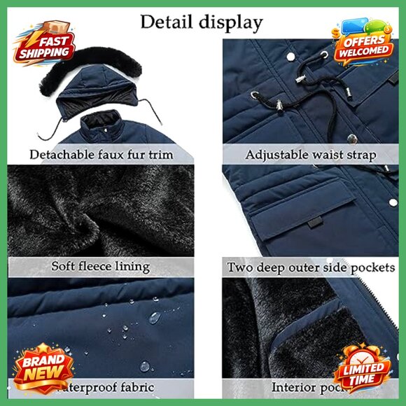 Women's Winter Puffer Coat Fleece Lined Detachable Hood Parka Jacket - Picture 6 of 6